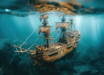  Wooden Pirate Ship Floating in the Ocean © lublubachka