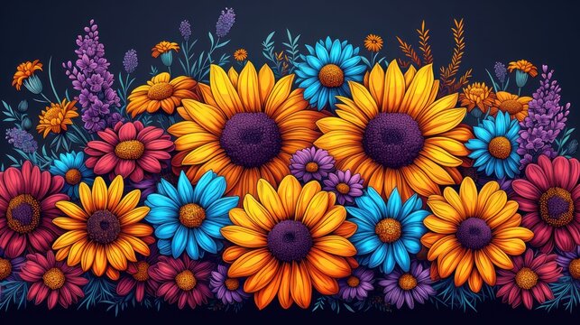a painting of a bunch of sunflowers in a field with blue, yellow, pink and purple flowers.