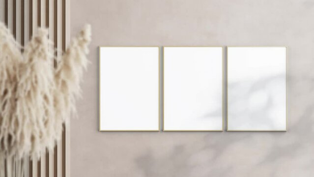 Three Wooden Frames A ISO Video Mockup in home interior, Poster Video Mockup, Shadow Motion Mockup