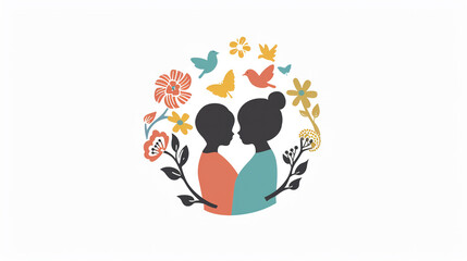 Naklejka premium Logo, silhouette of a mother and child in the center of a circle of flowers and birds on a white background