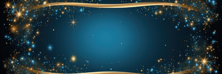 azure blue golden blank frame background with confetti glitter and sparkles