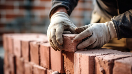 Close-up of a builder's hands laying out a stack of bricks.
