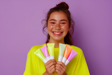 13 year old girl wearing neon yellow t shirt holding many generic skin care  tubes on a bold purple background, teenage cosmetics