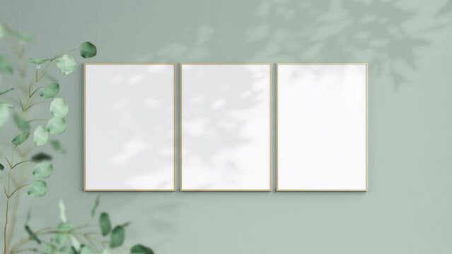 Three Wooden Frames A ISO Video Mockup in home interior, Poster Video Mockup, Shadow Motion Mockup