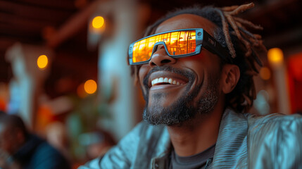 A man with VR glasses, laughing.