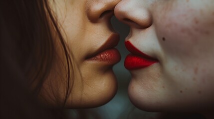 a woman with red lipstick kissing