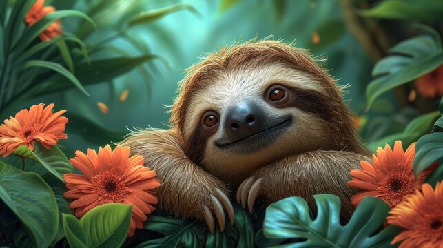 a painting of a sloth sitting in the middle of a jungle with orange flowers on the side of it.