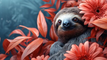 a sloth hanging from the side of a tree with red flowers around it's neck and a big smile on its face.
