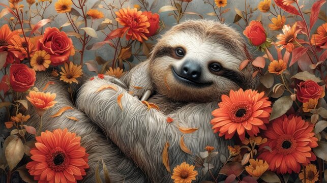 a painting of a sloth laying on its back in a field of flowers with orange and yellow flowers around it.