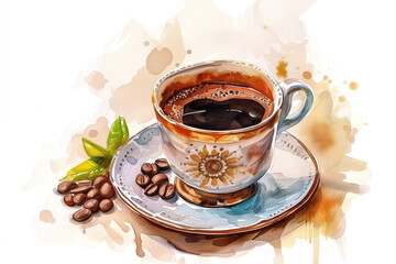 Watercolor cup of coffee with Moroccan ethnic ornament, on white background 