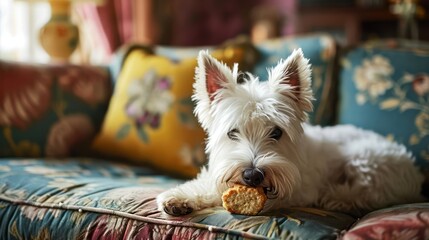 West Highland White Terrier delightfully munching on a biscuit, emphasizing the fluffy white coat and lively personality, arranged on a whimsical living room setting