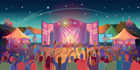 Open air music festival. Music Stages, vector illustration of a crowd of fans waving their arms, dancing, shooting video on their phone. Bright illustration, hand draw, objects grouped and layered.