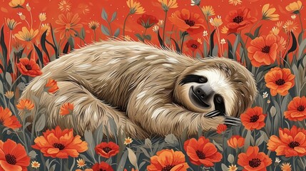 a painting of a sloth sleeping in a field of red, orange, and yellow flowers on a red background.