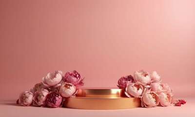 mockup empty golden podium, floral peonies flowers pink and red falling on the floor with peach fuzz colored background, 3d rendered..