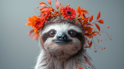 Naklejka premium a close up of a sloth with flowers on it's head and a flower crown on its head.