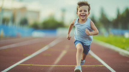 Little child running filled with joy and energy running on athletic track, young boy runner training on the stadium. Concept of sport, fitness, achievements, studying - obrazy, fototapety, plakaty