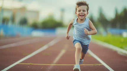 Poster Little child running filled with joy and energy running on athletic track, young boy runner training on the stadium. Concept of sport, fitness, achievements, studying © Jasper W
