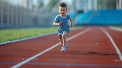 Obraz premium Little child running filled with joy and energy running on athletic track, young boy runner training on the stadium. Concept of sport, fitness, achievements, studying