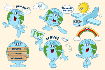 set of stickers with cartoon earth character, travel