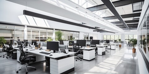 Office interior of a modern technology company, inspiration from design studies, basic colors black and white
