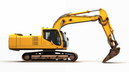 Yellow Backhoe Excavator in Action: Shadow-Free Digging on White Background
