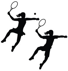 Two black girl silhouettes of a high-jumping women's tennis player receiving a ball