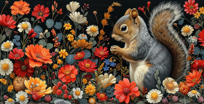 a painting of a squirrel in a field of wildflowers and daisies, with a black background with red, yellow, orange, and white flowers.