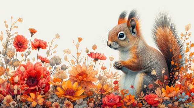a painting of a squirrel standing on its hind legs in the middle of a field of red and yellow flowers.