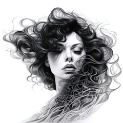 Black and white image for a hairdresser, woman with hair blowing in the wind