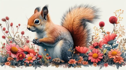 a painting of a squirrel standing on its hind legs in the middle of a field of flowers and daisies.