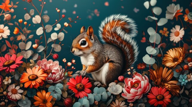 a painting of a squirrel sitting on top of a field of flowers on a blue background with red, orange, and pink flowers.