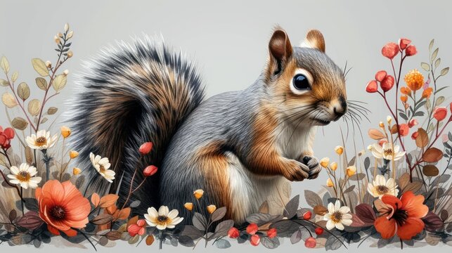 a painting of a squirrel standing in a field of flowers and plants with its front paws on its hind legs.