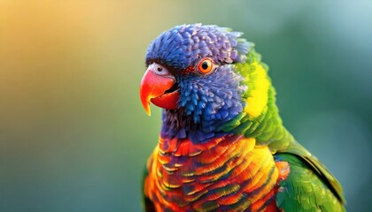 Multicolored lorikeet bird picture on pale green blurred background