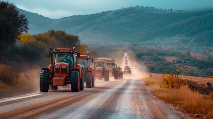 Tractores de los agricultores movilizandose por  para protestar en una huelga
