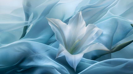 Blue and white abstract silk fabric with white lily textured. White flower on silk transparent fabric. High-resolution	