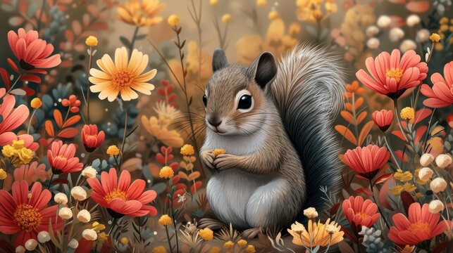a painting of a squirrel eating a piece of food in a field of red, yellow, and orange flowers.