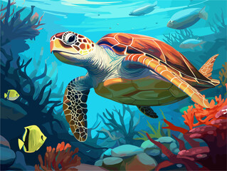 Vector drawing of large turtle under water at the coral reef
with tropical fishes. Underwater world of the ocean.
Algae, corals and sea anemones on the seabed.