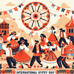 World Gypsy Day Vector illustration of Indian people in traditional costume dancing in indian carnival.