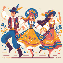 World Gypsy Day Couple in national costumes dancing folk dance. Vector illustration in flat style