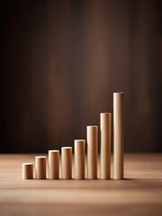  business graph steps from round wooden sticks isolated on wood floor with copy space. Business success growth graph, goal, and financial  improvement concepts