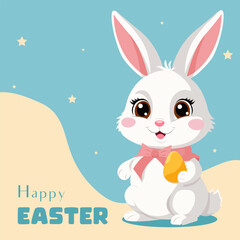 Obraz na płótnie Canvas Vector flat illustration of cute Easter bunny with egg. Greeting card design for Easter. 