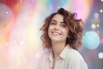 Portrait of caucasian young woman smiling looking at camera over abstract banner multicolored sparkling rainbow particles crystal bokeh background. Party femininity. Festive decoration copy space
