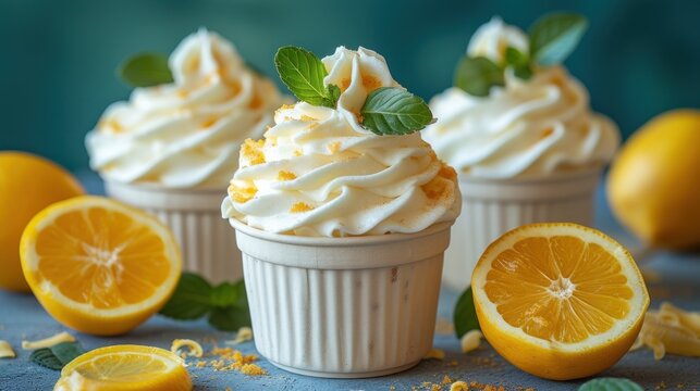 three lemon cupcakes with whipped cream and lemon slices on a blue surface with leaves and lemons around them.