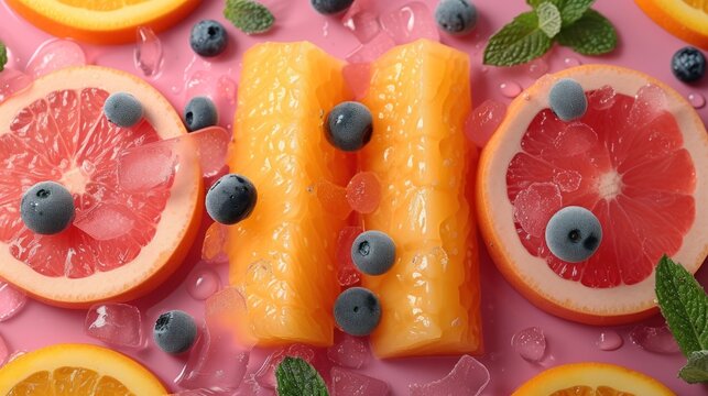 slices of grapefruit, oranges, and blueberries are arranged on a pink surface with mint leaves.