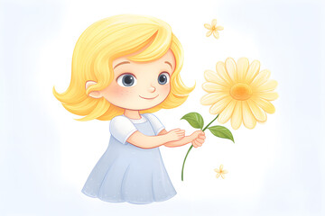 Obraz na płótnie Canvas cute cartoon girl with blonde hair ,holding a yellow flower and smiling,delicate pastel colors,illustration,concept of children's goods and services,design of postcards and books,festive materials