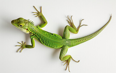 A top down view of a  whole green lizard on a plain wh