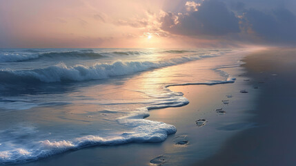 Fototapeta premium Waves hitting the beach in the evening with traces on the beach in the sand
