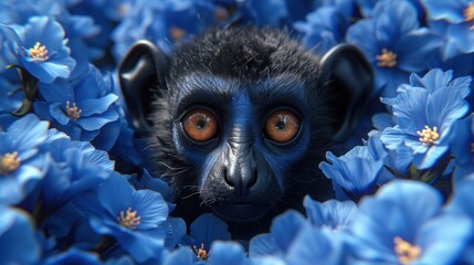 a close up of a monkey in a bunch of blue flowers with eyes wide open and looking at the camera.