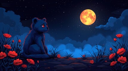 a black bear sitting in the middle of a field of flowers at night with a full moon in the background.