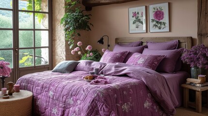 a bedroom with a bed covered in a purple comforter and a tray of pink flowers on the side of the bed.